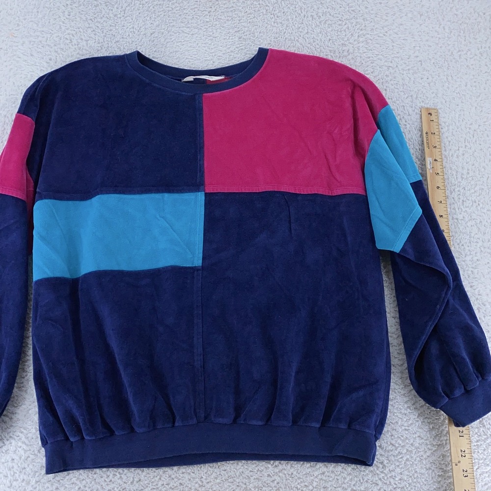 Vintage Shadowline Velour Colorblock Sweater Womens XL Blue Pink Pullover 80s